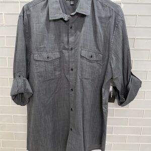NWT Alfani Gray Button Front Shirt Men’s Large Roll Tab Sleeve Utility Shirt